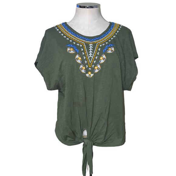Max Studio Green Embroidered Tie Hem Boho Peasant Top Size L - Picture 1 of 5
